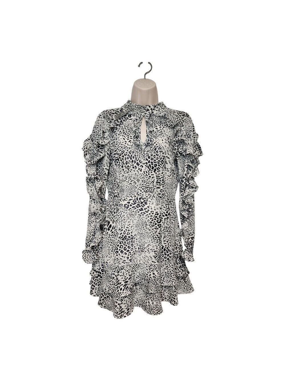 Glamorous Curve Leopard Print Frill Accents High Neck Mini Dress Size XSmall